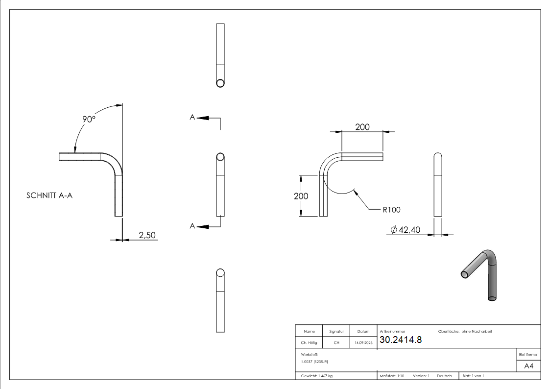 Rohrbogen 90° Stahl roh - 42-4 x 2-5 mm -1 ¼- - S235JR-30-2414.8