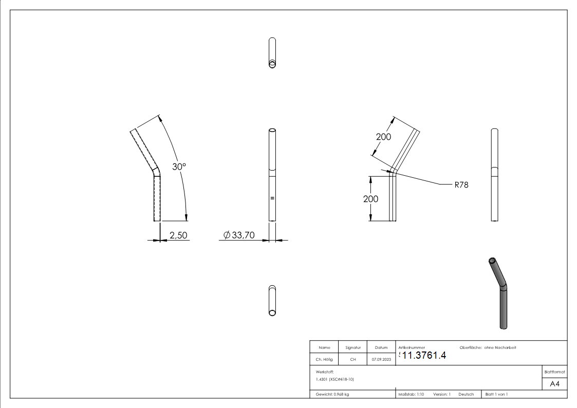 Bogen 30° zum Schweissen aus Rundrohr- Ø 33-7x2-6 mm V2A-11-3761.4