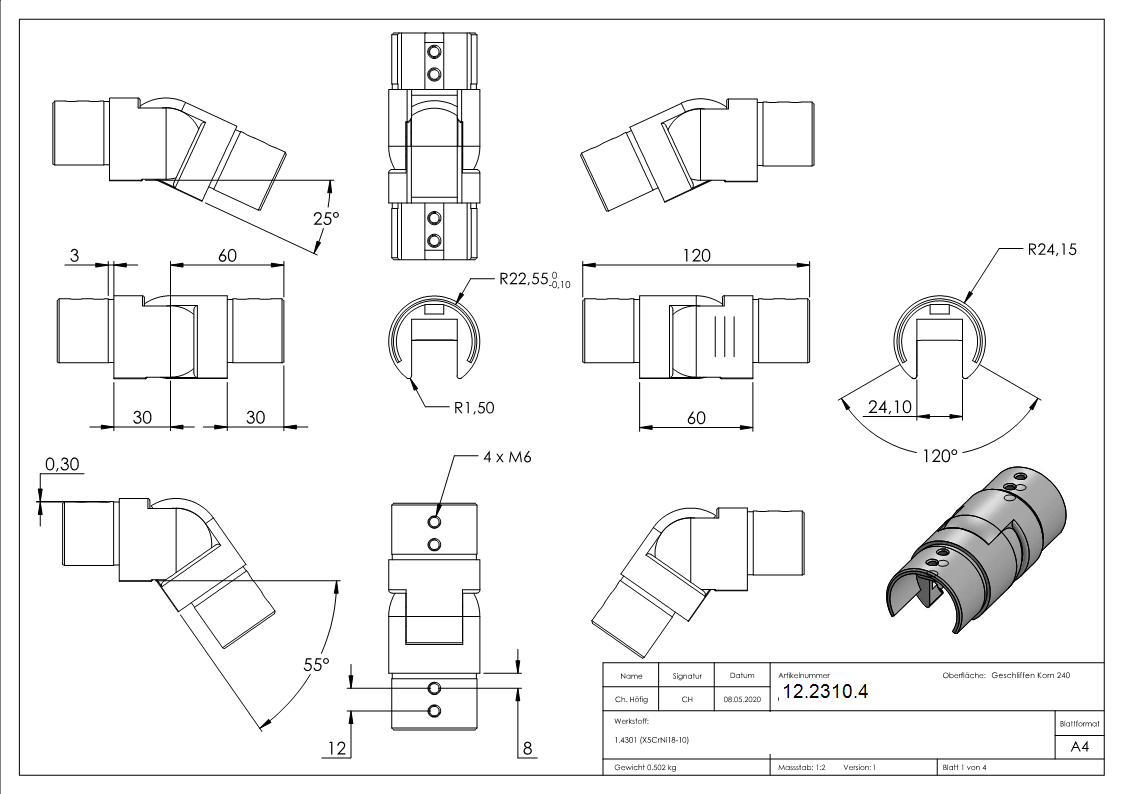 Verbinder flexibel - abwaerts 25-55° - fuer Nutrohr Ø 48-3 mm - V2A-12-2310.4