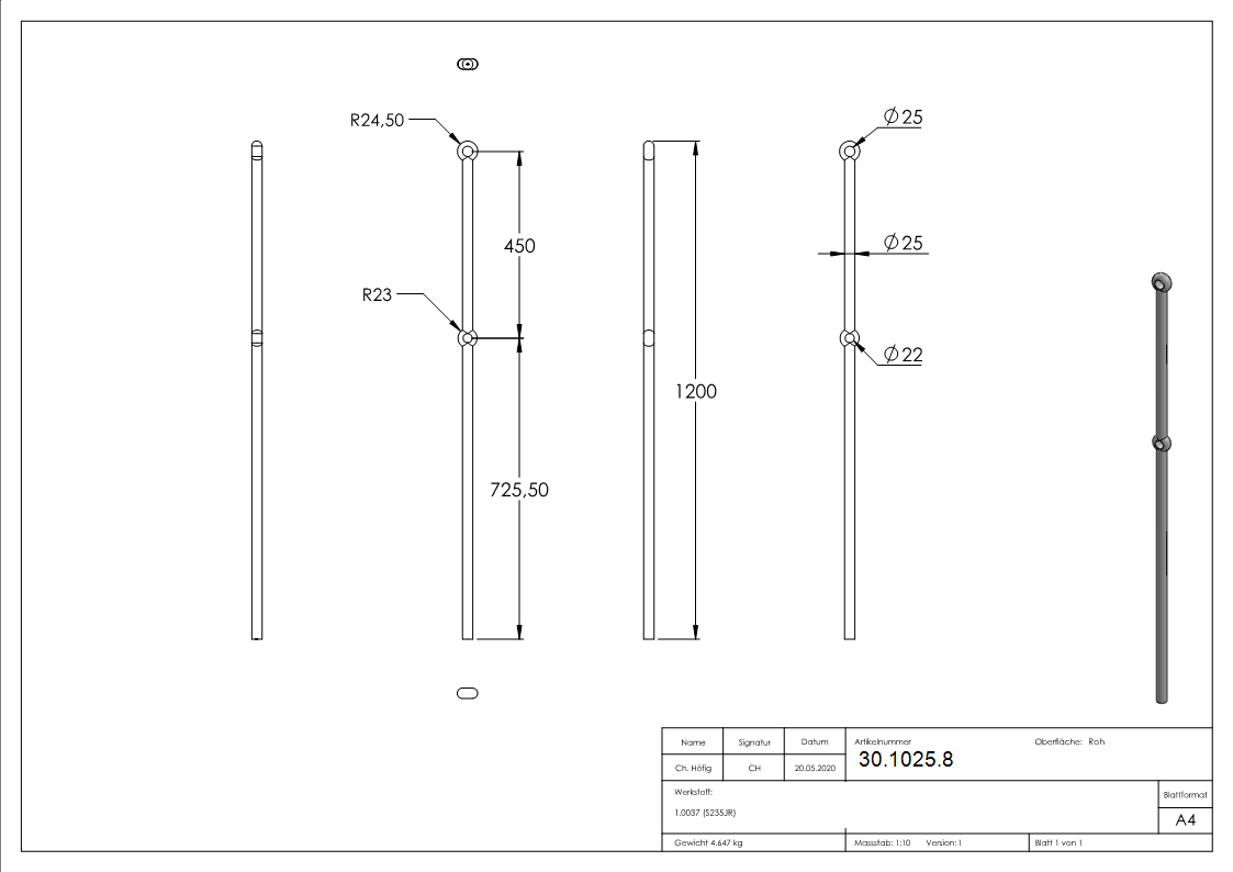 Anfangsstab Pfosten Laenge- 1200 mm Material- Ø 25 mm Stahl S235JR- roh-30-1025.8