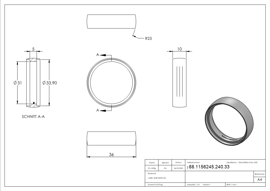 Verbindungsring V2A fuer Rohr Ø 33-7 mm geschliffen Korn 240-88-1156245-240.33