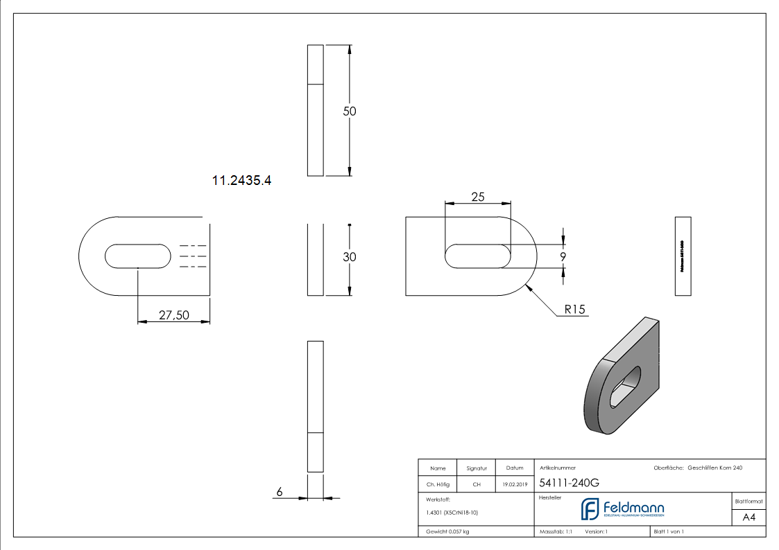 Anschweisslasche 50x30x6 mm mit Langloch- Ø 25x9 mm V2A-11-2435.4