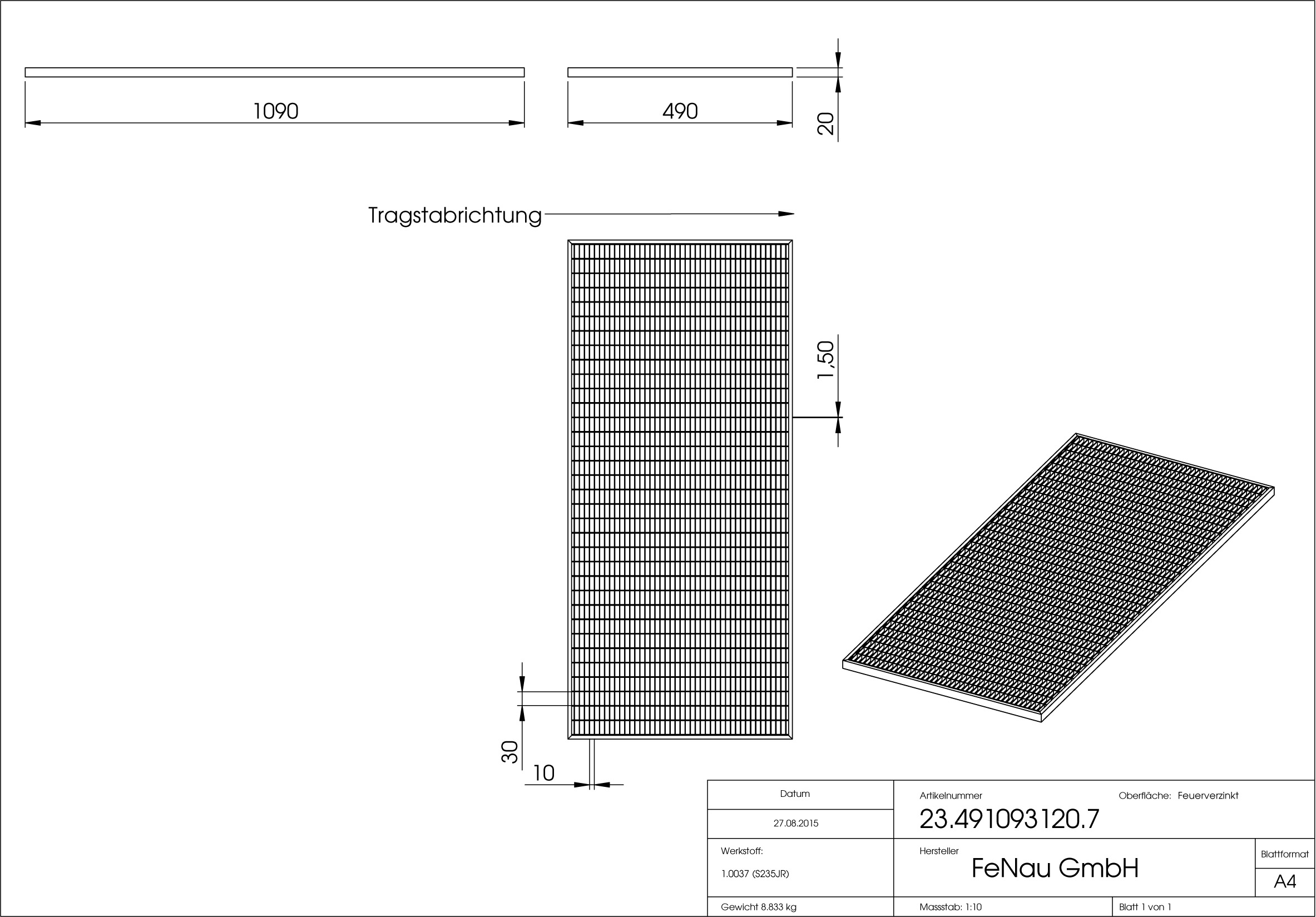 Lichtschachtrost Baunormrost - Masse-  490x1090x20 mm 30-10 mm - aus S235JR -St37-2- im Vollbad feuerverzinkt-23-491093120.7