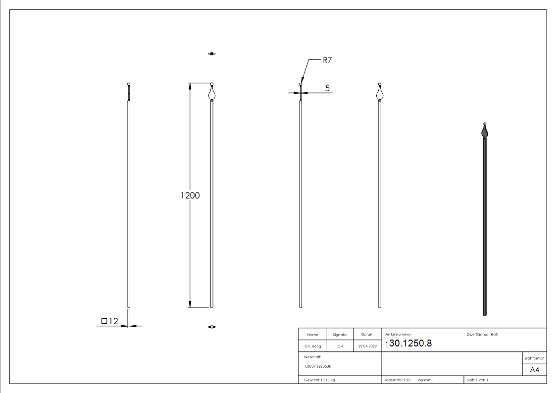 Zaunstab Laenge- 1200 mm Material 12x12 mm - Spitze mit Kugel Stahl S235JR- roh-30-1250.8