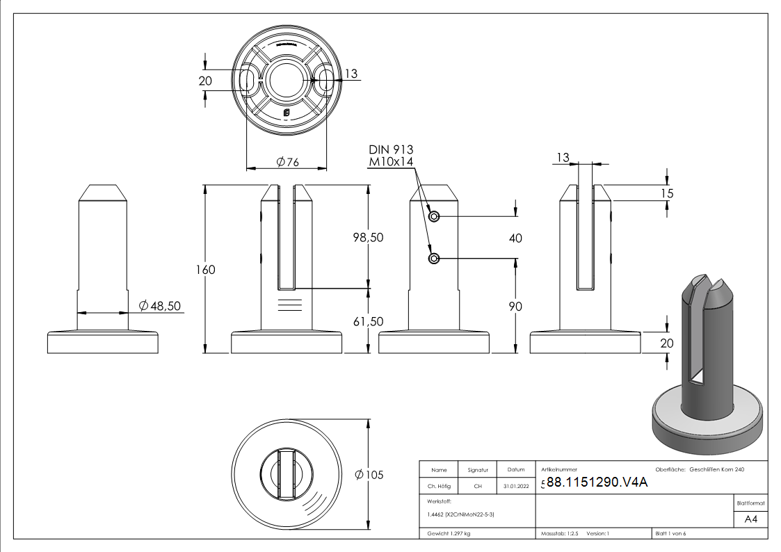 Bodenglashalter rund Edelstahl Duplex 2205 -V4A- fuer Glas 12 - 12-76 mm-88-1151290.V4A