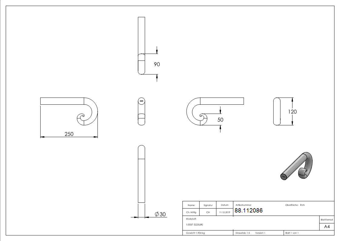 Handlaufanfaenger Stahl S235JR Ø 30 mm- ca- 250 x 120 mm- gerollt-88.112086