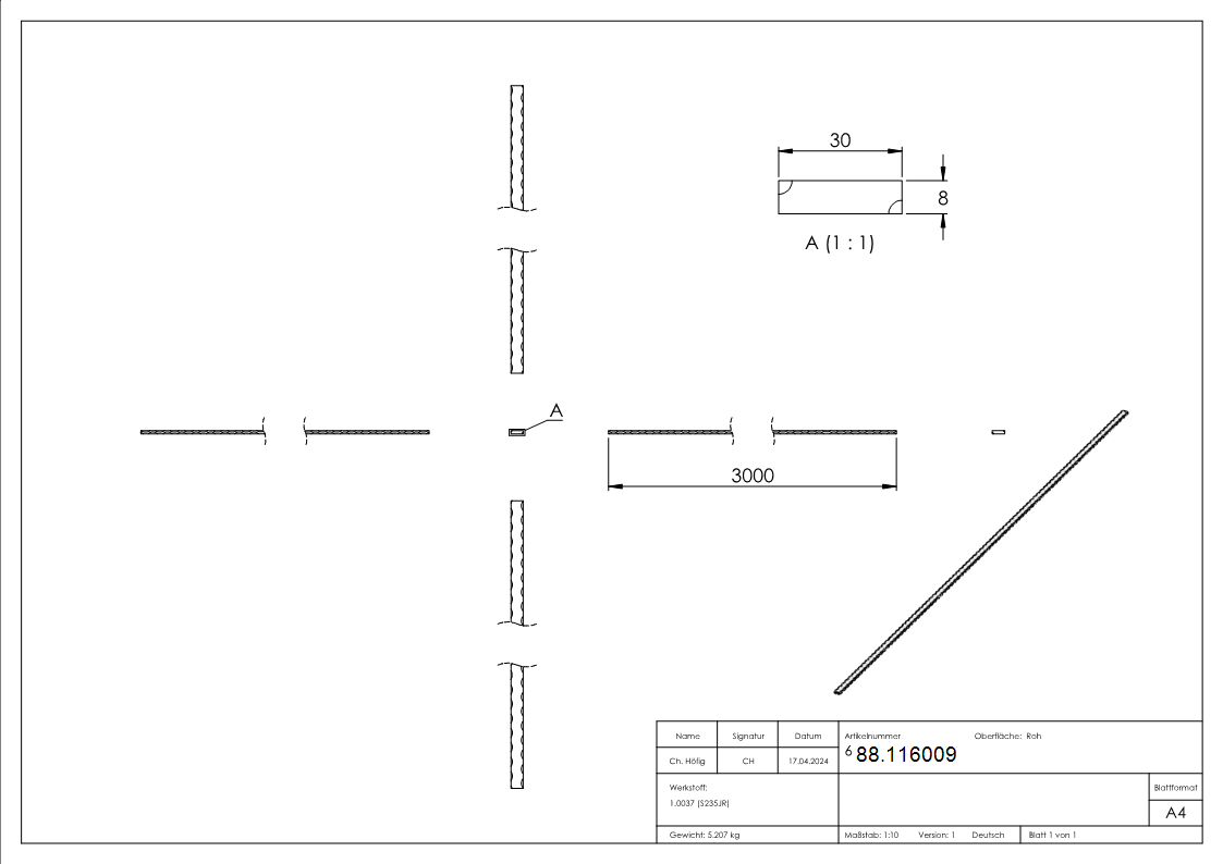 Flacheisen Stahl S235JR 30 x 8 mm L = 3000 mm- alle 4 Kanten gehaemmert-88.116009