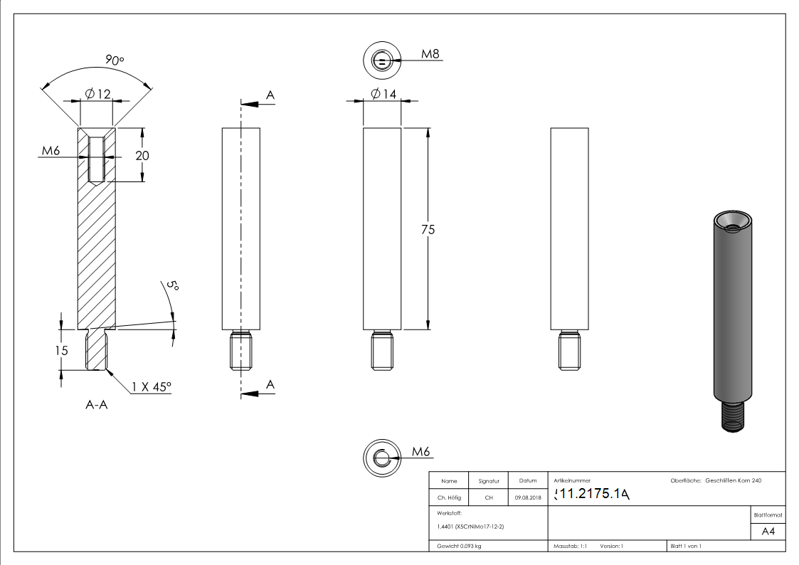 Edelstahl Traegerstift Ø 14 x 75 mm - mit Aussen- - Innengewinde -V4A-11-2175.1