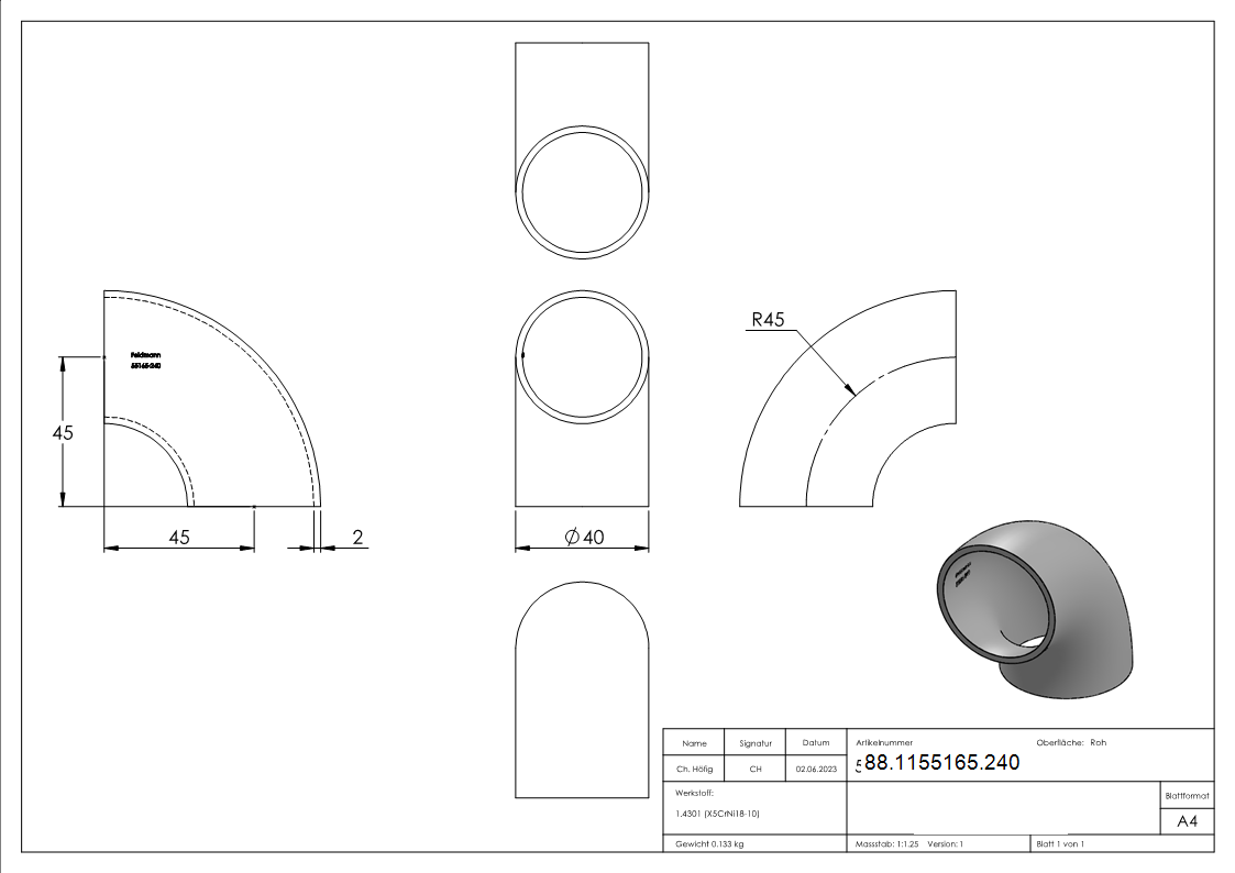 Schweissbogen 90° Edelstahl V2A Ø 40-0 x 2-0 mm ungeschliffen-88-1155165.240