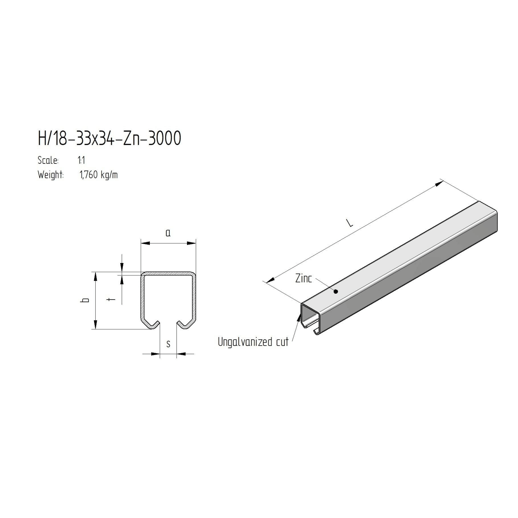Laufschiene Stahl verzinkt 33 x 34 x 2-0 mm L = 3000 mm fuer Schiebetore-89-11H1833X34ZN3000-A.4