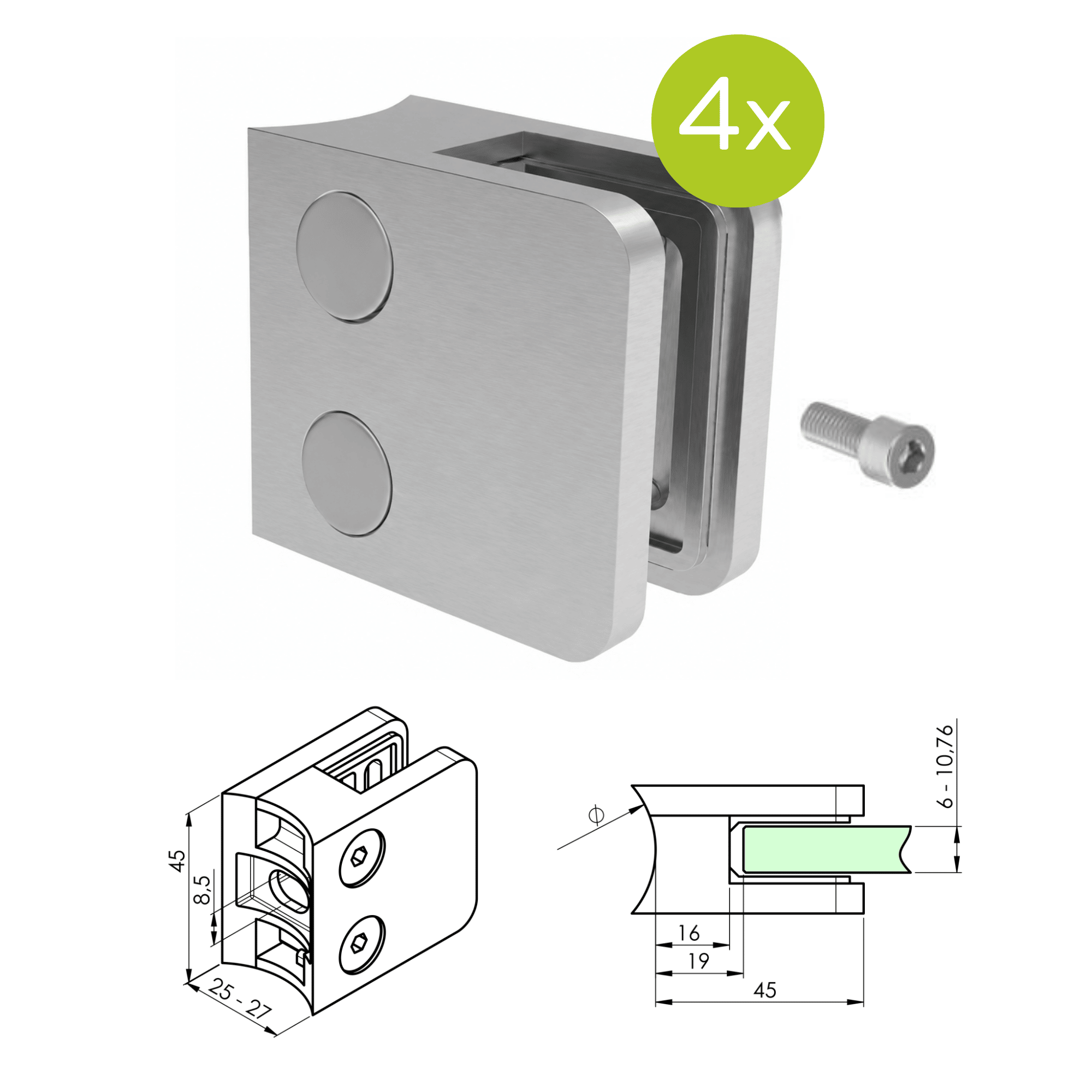 Glashalter V2A fuer Rohr Ø 42-4 mm 1-5-10-76 mm geschliffen 4er Set-89-11A2100042SET4-A.4