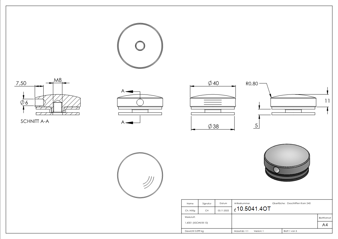 Glaspunkthalter-Oberteil Ø 40 mm- V2A-10-5041.4OT