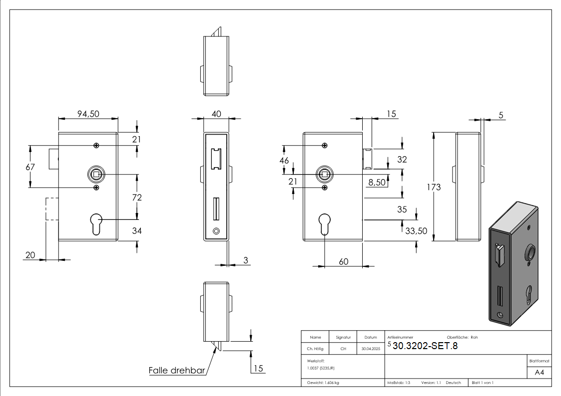 Kastenschloss Set verzinkt 40x94-5x173 mm rund-30-3202-SET-8.1