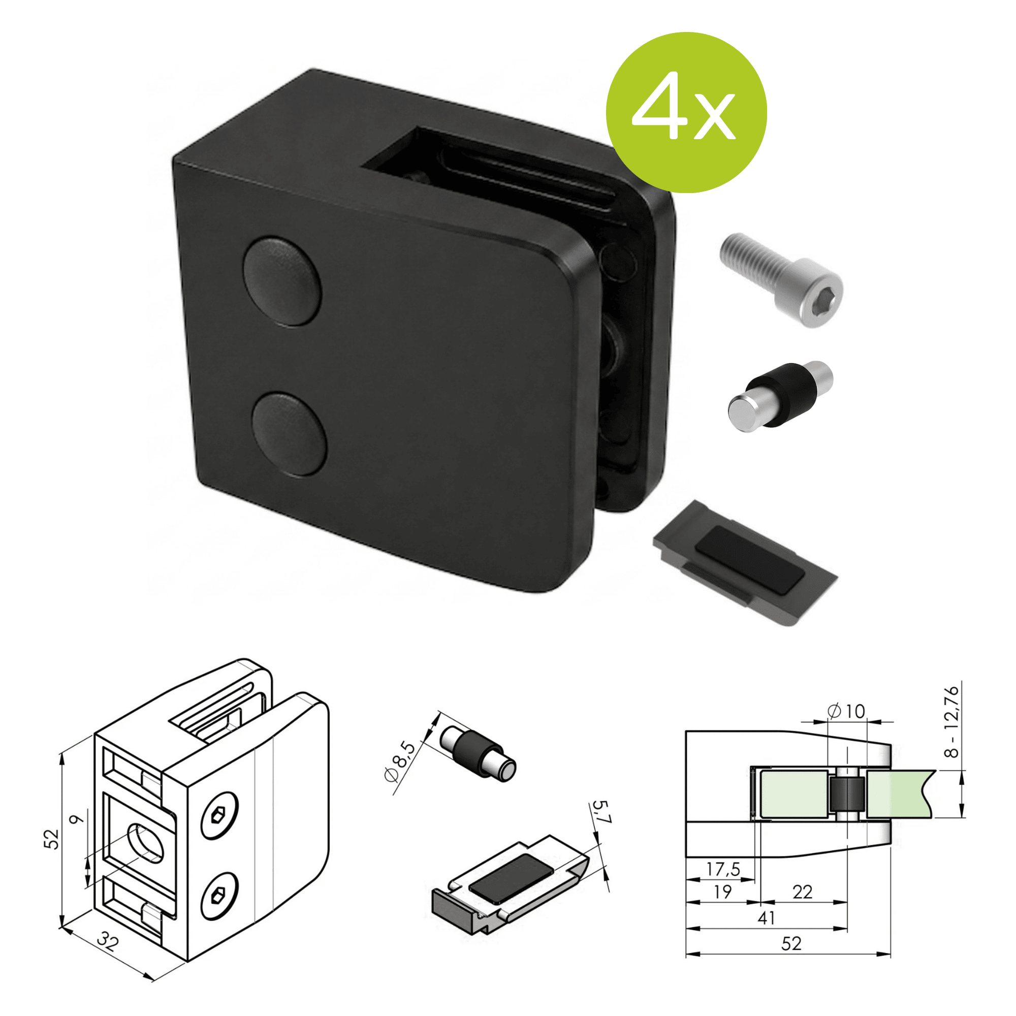 Glasklemme V2A fuer 8 - 12-76 mm Glas Flachanschluss schwarz 4er Set-89-11ABL2600000SET4-A.4