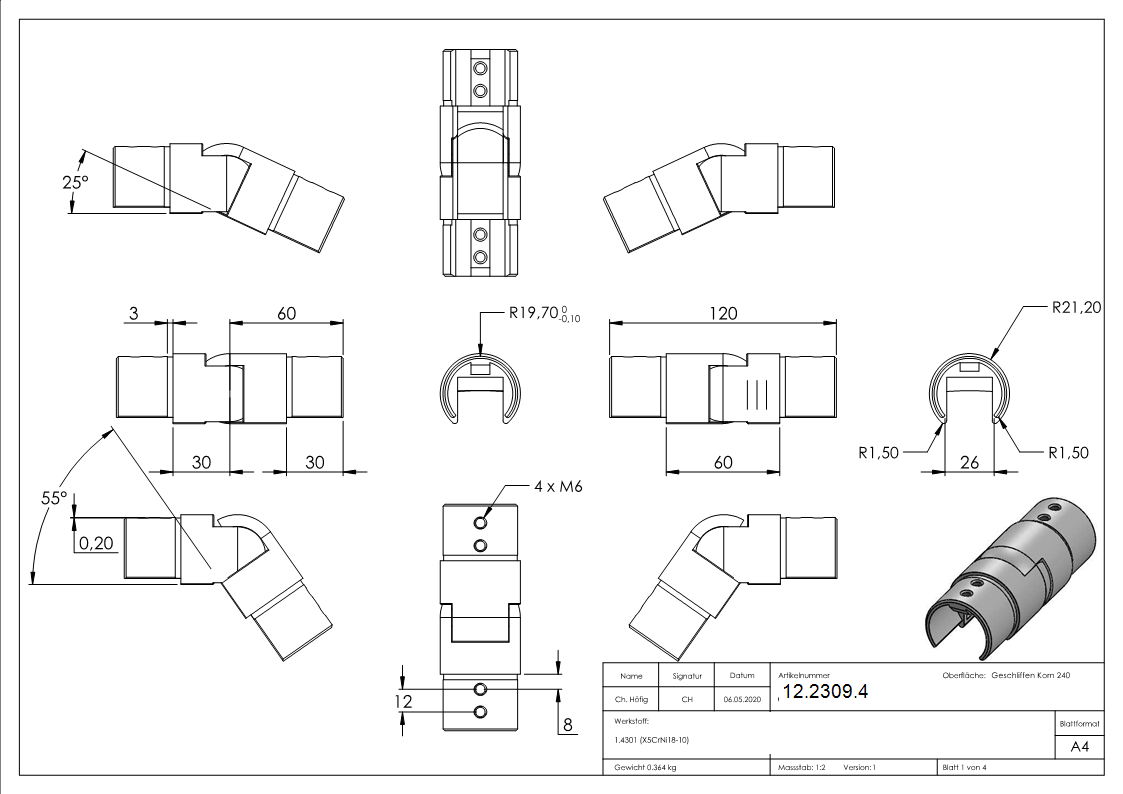 Verbinder flexibel - abwaerts 25-55° - fuer Nutrohr Ø 42-4 mm - V2A-12-2309.4