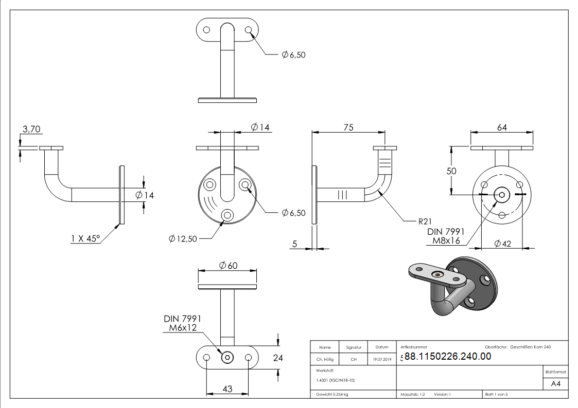 Handlaufhalter V2A Ronde 60x5 mm Buegel Ø 14 mm Wandabstand 75 mm ohne Kabel-88-1150226-240.00