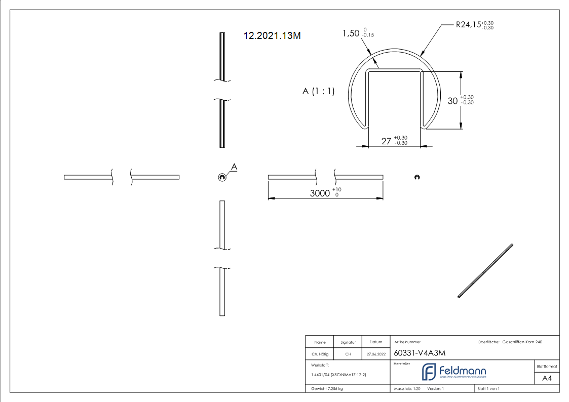 Nutrohr Ø 48-3x1-5 mm mit Nut- 27x30 mm Laenge- 3000 mm V4A Edelstahl-12-2021.13M