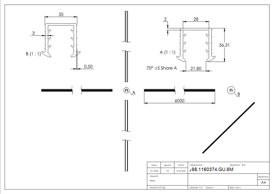 Keildichtung EPDM fuer Glas 24-76–25-52 mm- Nut 34x34 mm- L = 6000 mm-88-1160374-GU.6M