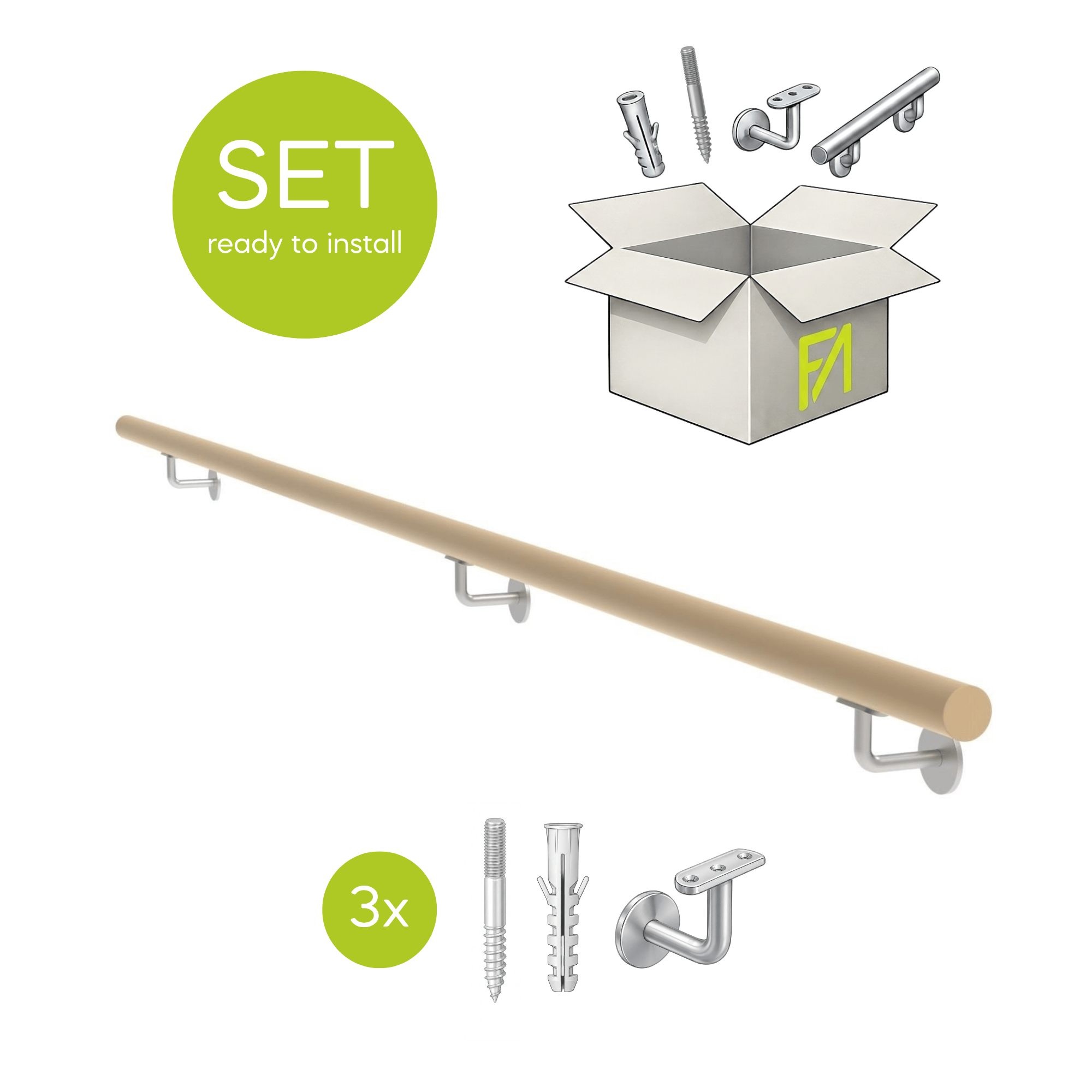 Handlauf Set Eiche Edelstahl 3000 mm mit Halterungen- Duebel und Schrauben-89-11WDM3000-A.4-D