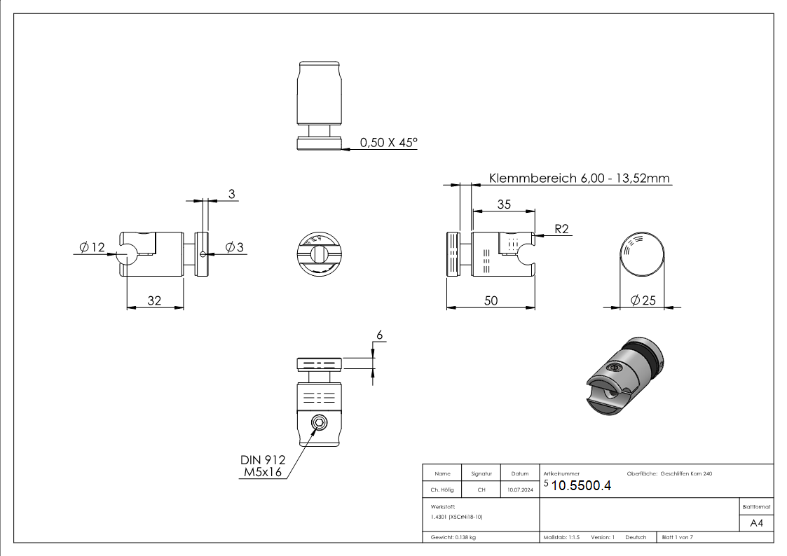 Klemmhalter fuer Rundstab 12 mm mit Glaspunkthalter Ø 25 mm V2A-10-5500.4