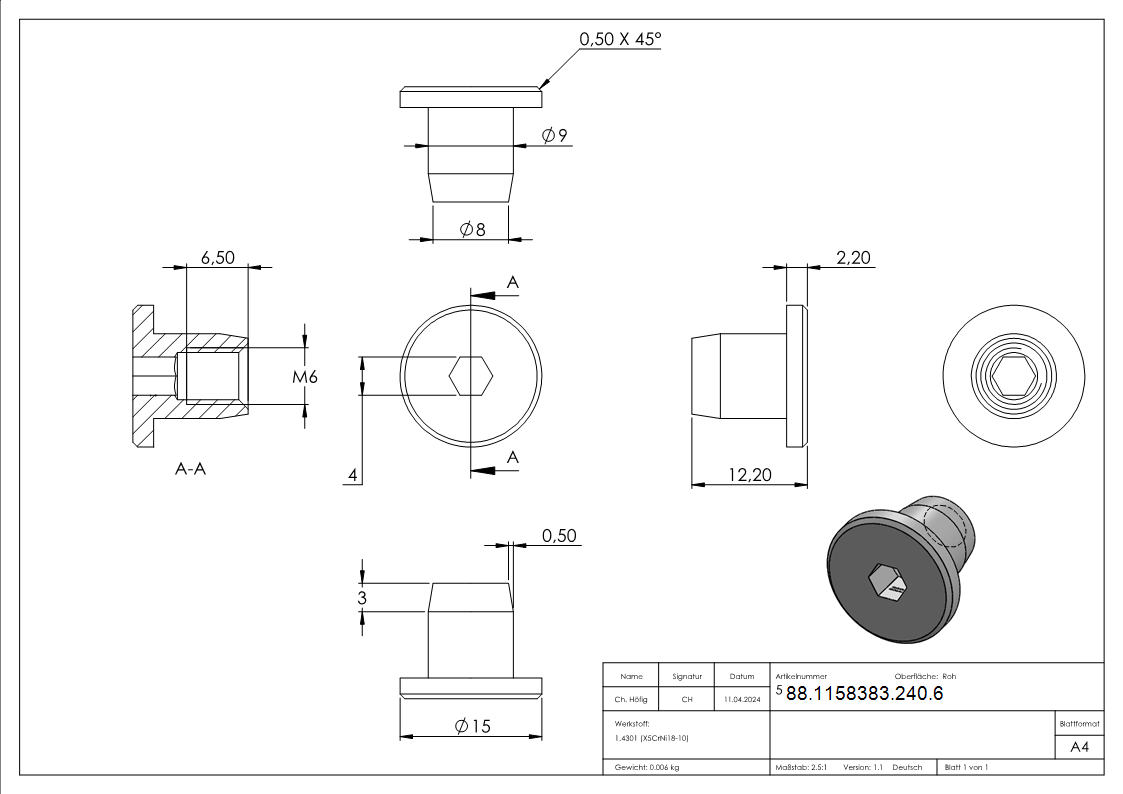 Huelsenmutter Edelstahl V2A M6 Flachkopf ISK-88-1158383-240.6