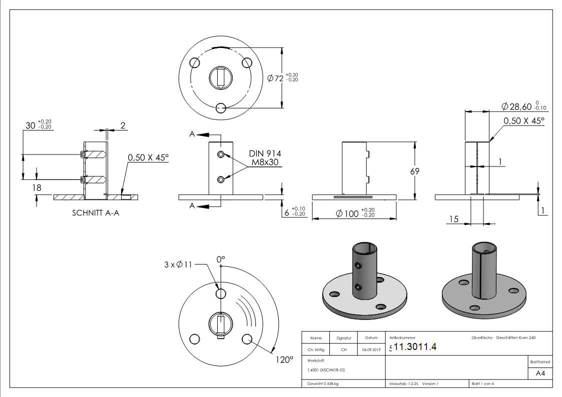 Wand- und Bodenanker Masse- Ø 100x6 mm fuer Rundrohr Ø 33-7x2-5 mm -V2A-11-3011.4