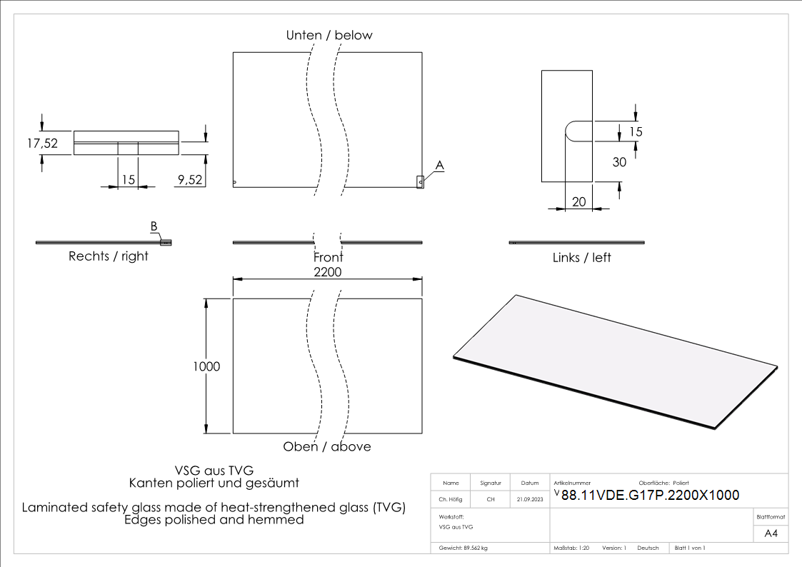 Vordachglas VSG 2200x1000 mm 2x8 mm TVG mit 1-52 mm PVB-88-11VDE-G17P.2200X1000
