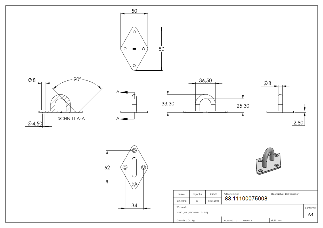Befestigungsoese Edelstahl V4A Rundeisen Ø 8 mm mit quadr- Platte- 4 Bohrungen-88.11100075008