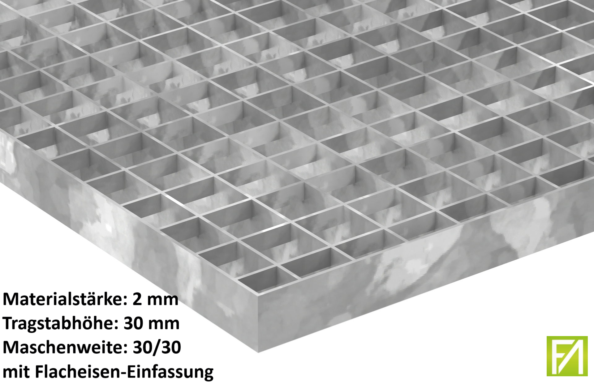 Industrie-Gitterrost - Masse- 500x1000x30 mm; MW 30-30 mm; 30-2 mm - S235JR -St37-2- im Vollbad feuerverzinkt-21-5010030302.7