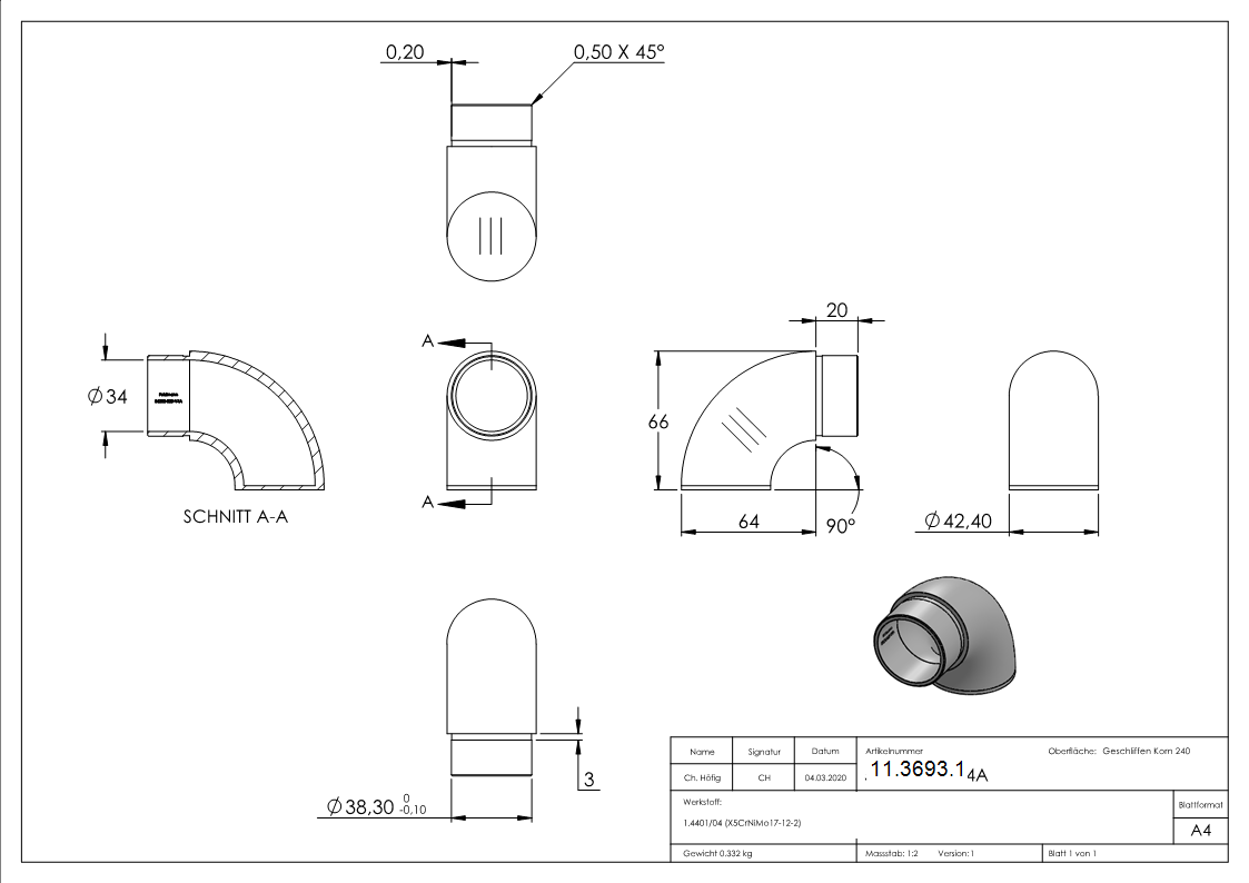 Endbogen V4A fuer Rohr 42-4 x 2-0 mm 90° flach zum Stecken-11-3693.1