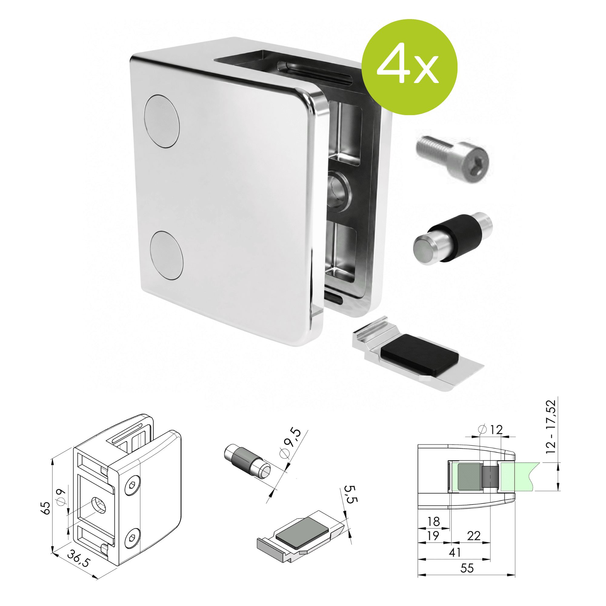 Glashalter V4A fuer 12-17-52 mm Glas Flachanschluss poliert 4er Set-89-11A142400000LSET4-A.4