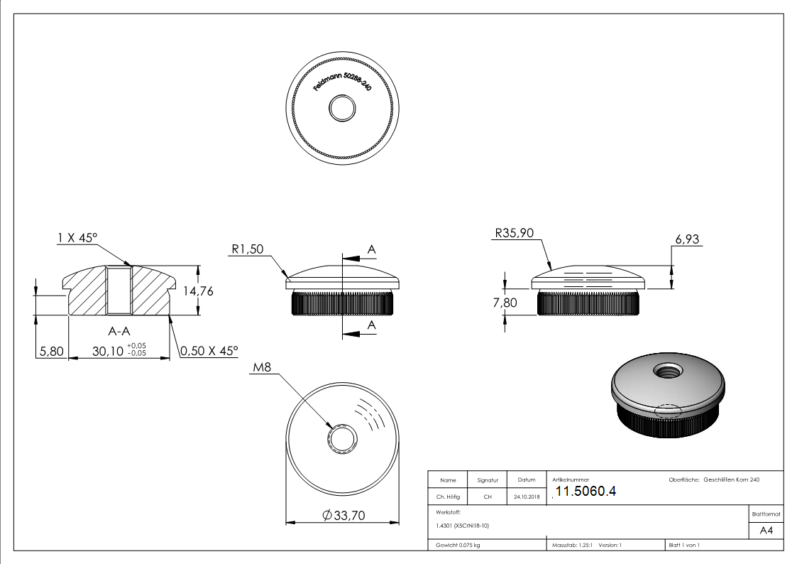 Einsteckkappe V2A fuer Rohr Ø 33-7x2-0mm mit M8 Gewinde- gewoelbt-11-5060.4
