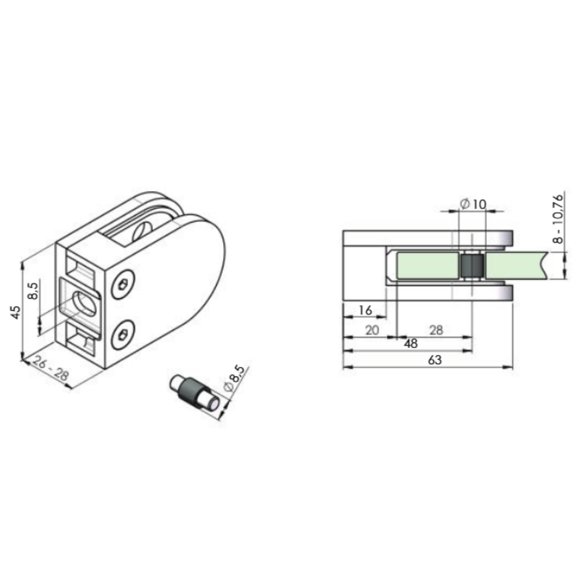 Glasklemme V4A fuer 8-10-76 mm Glas Flachanschluss geschliffen 4er Set-89-11A142200000SET4-A.4