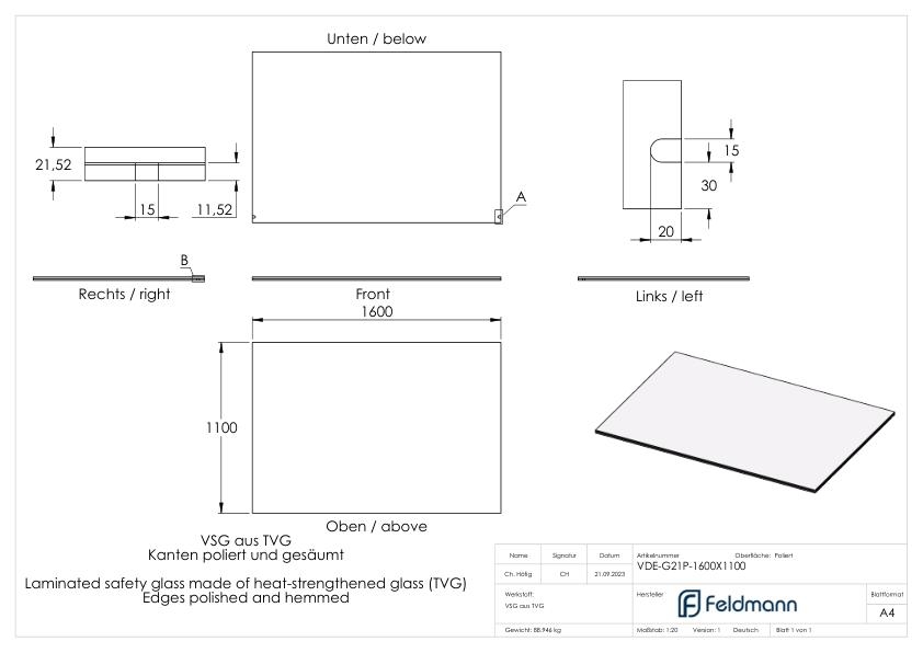 Eleganza canopy Glas- 1600x1200mm VSG aus 2x10mm TVG mit 1-52mm PVB-88-11VDE-G21P.1600X1200