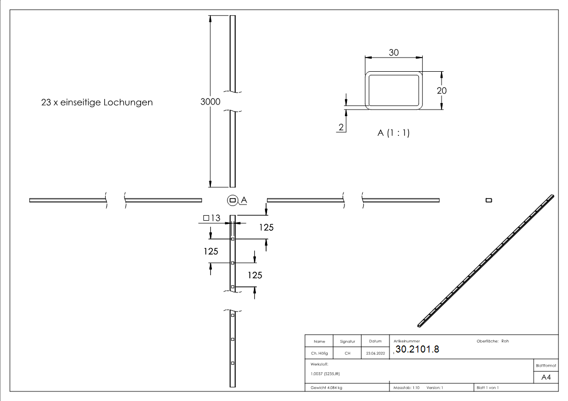 Rechteckrohr - Masse- 30x20x2 mm - Laenge- 3000 mm - Stahl S235JR- roh-30-2101.8