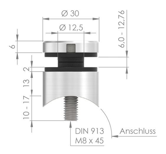 Glaspunkthalter Ø 30 mm- Zink -Edelstahl-Optik- Anschluss- Rohr Ø 42-4 mm-10-5042.2