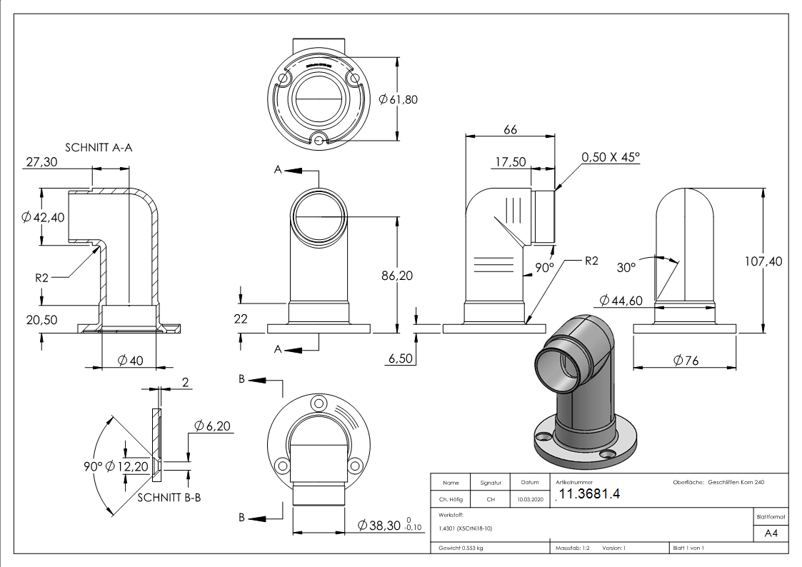 Wandhalter V2A fuer Rohr Ø 42-4 x 2-0 mm 90° lang zum Stecken-11-3681.4