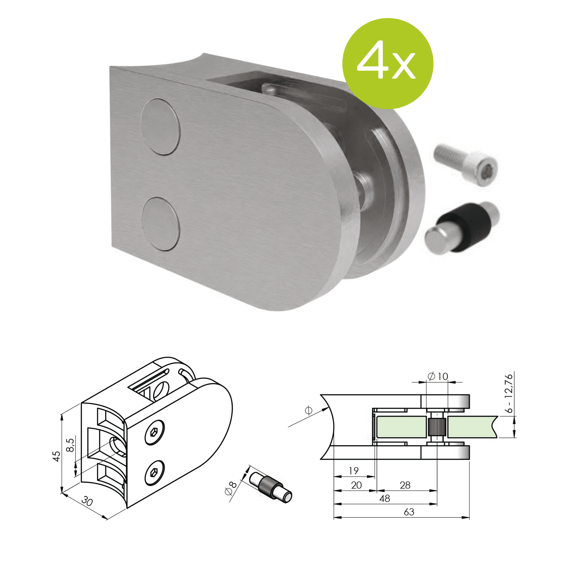 Glashalter V2A fuer Rohr Ø 42-4 mm fuer 6 - 12-76 mm Glas geschliffen 4er Set-18-2542-A-SET.4