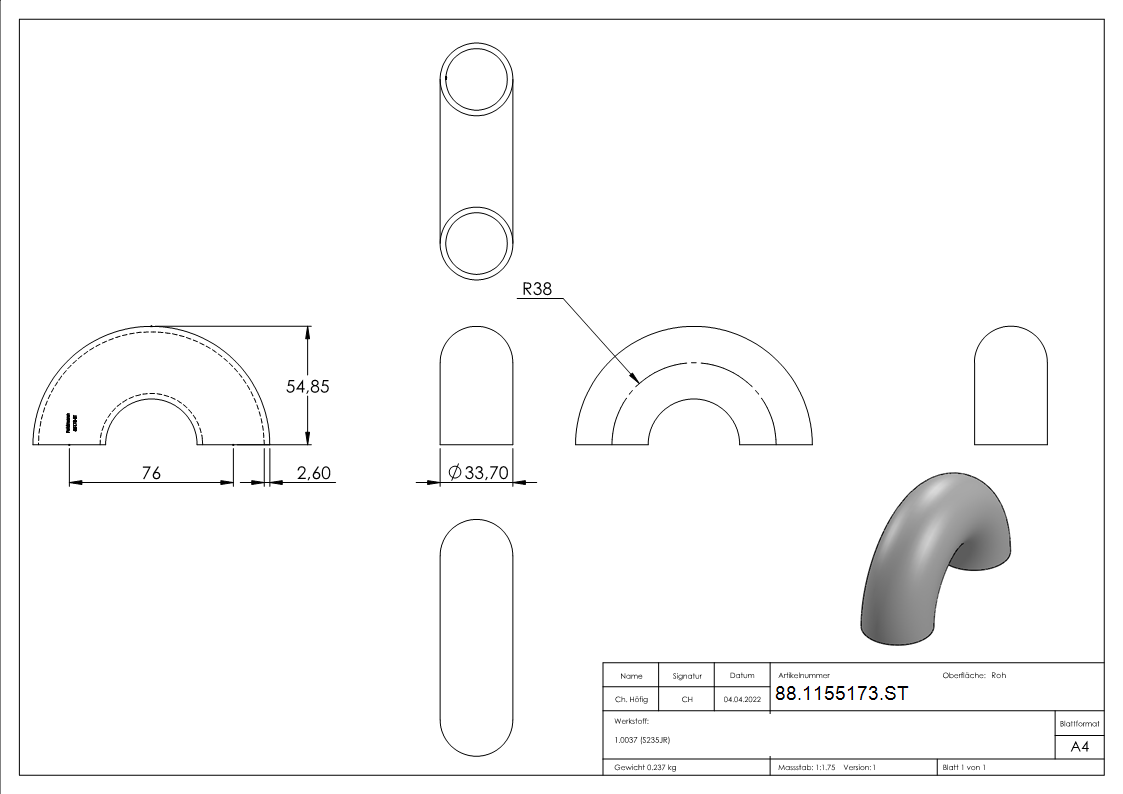 Rohrbogen 180° Stahl roh - 33-7 x 2-6 mm -1- - Bauart 3-88-1155173.ST