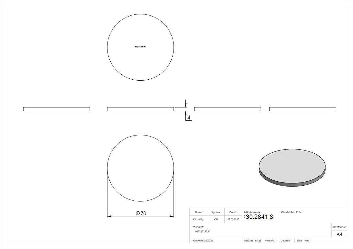 Ronde - Ø 70x4 mm - Stahl S235JR- roh-30-2841.8