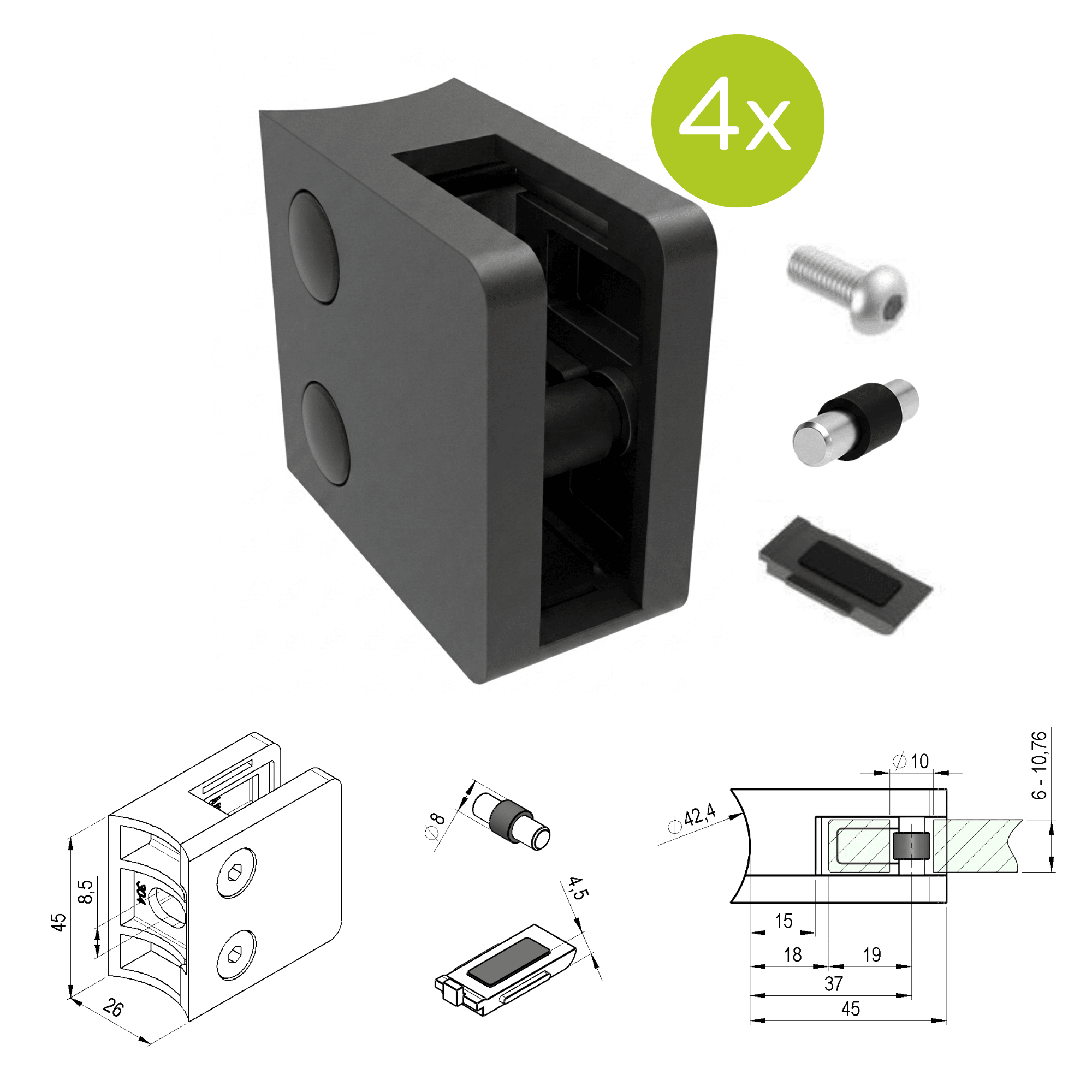 Glasklemme V2A fuer Rohr Ø 42-4 mm schwarz pulverbeschichtet 4er Set-89.ABLACK230P042SET4