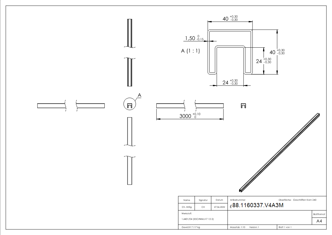 Quadratnutrohr Edelstahl V4A 40 x 40 x 1-5 mm Nut 24 x 24 mm L 3000 mm-88-1160337.V4A3M