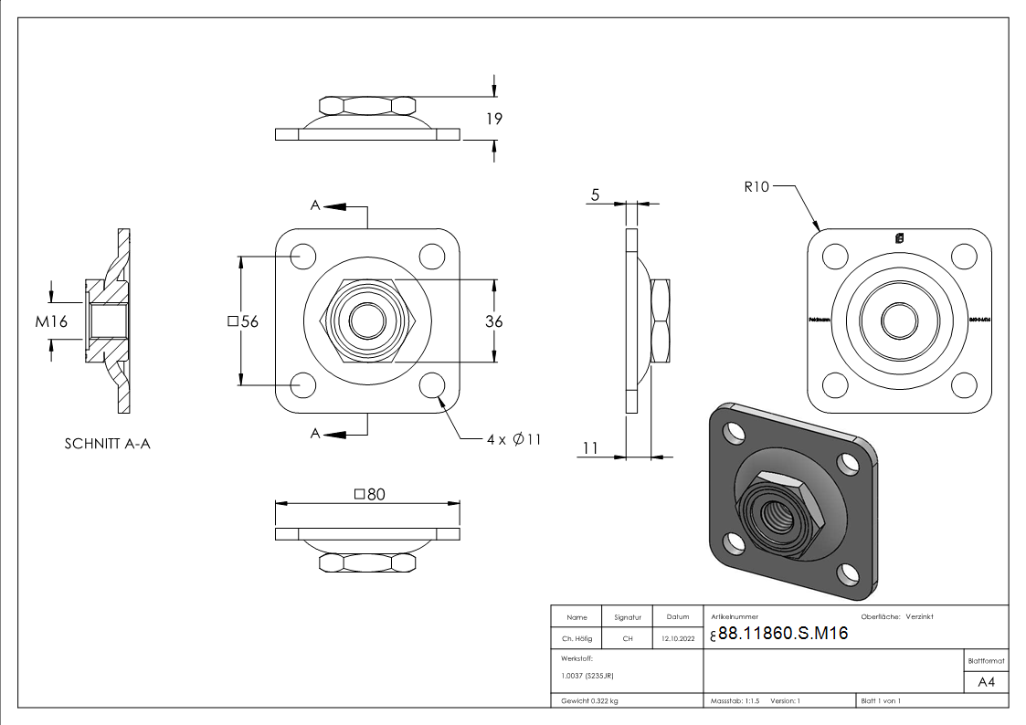 Verstellbare Mauerplatte fuer M16- verzinkt-88-11860-S.M16