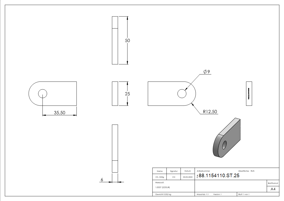 Anschweisslasche Stahl S235 50 x 25 x 6 mm Rundloch Ø 9 mm-88-1154110-ST.25