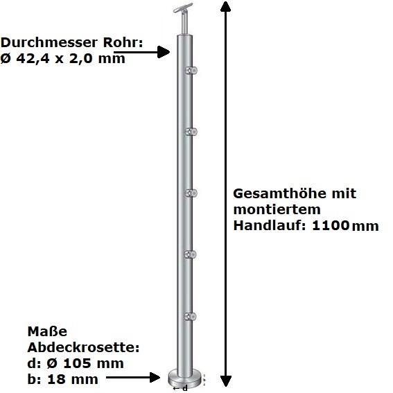 Treppenpfosten Edelstahl AISI 304 D 42-4 mm 1000 mm Oberverankerung 5 Fuellstabhalter-14-0075RR-A.4