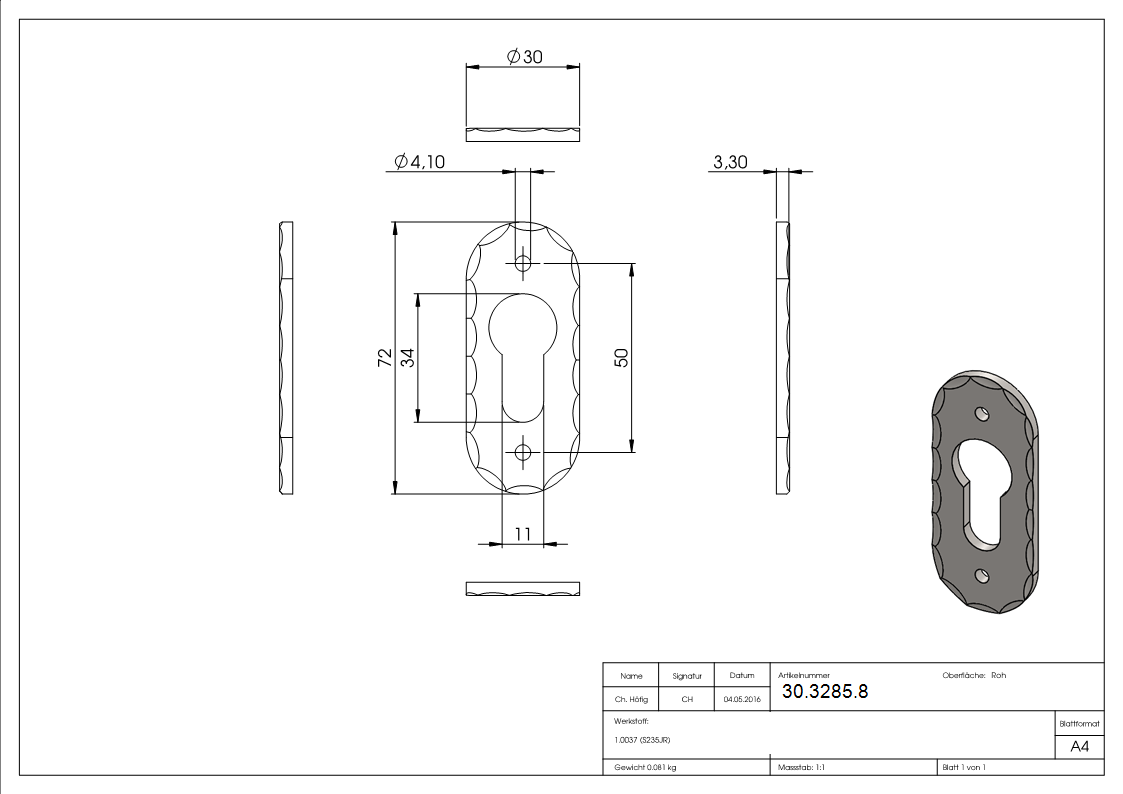 Rosette - Masse- 30x72x3 mm - Stahl S235JR- roh-30-3285.8