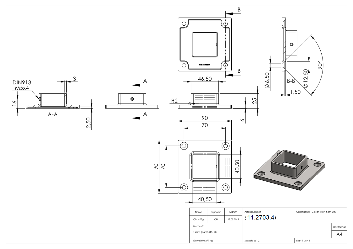 Wand- u- Bodenanker fuer Quadratrohr 40x40 mm - V2A-11-2703.4