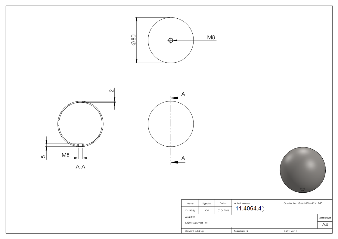 Hohlkugel Ø 80 mm mit Gewinde M8 V2A-11-4064.4