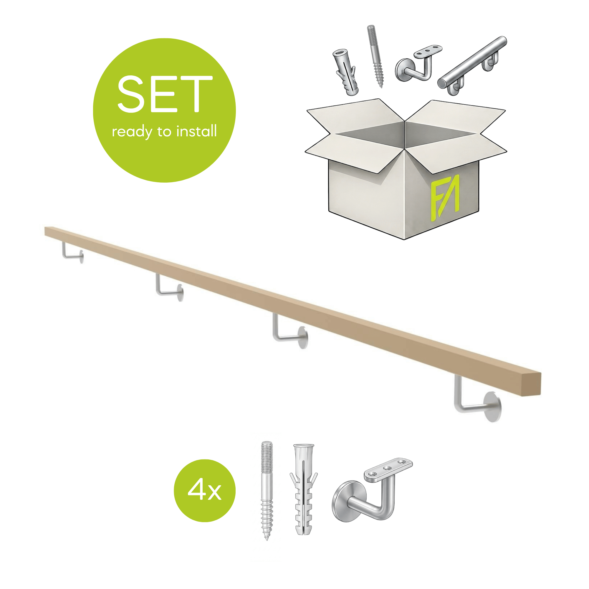 Wandhandlauf Eiche keilgezinkt 40 x 40 x 4000 mm inkl- Edelstahlhalter mit Duebel und Schrauben-89-11WDJPM4000CINK-A.4-D