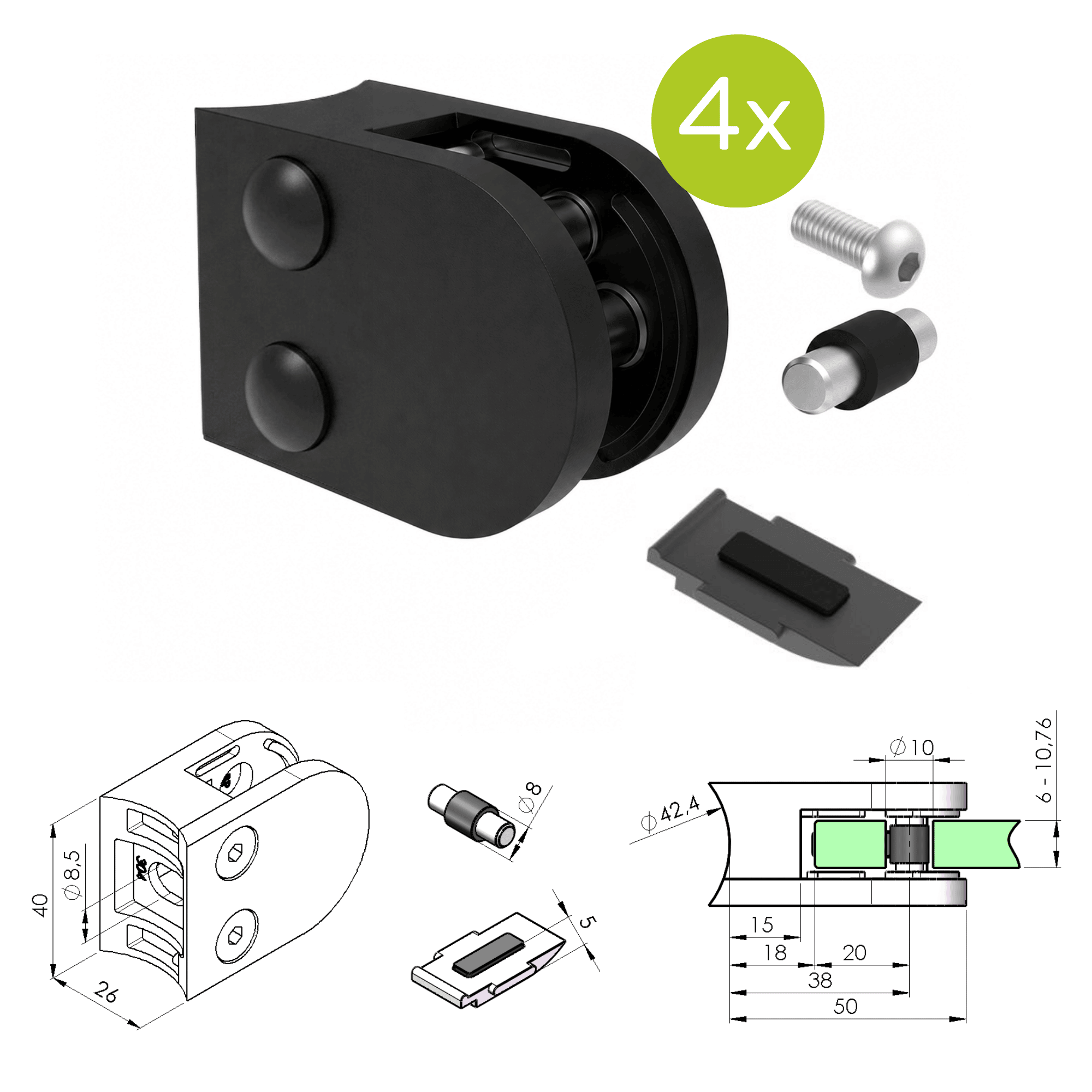 Glasklemme V2A fuer Ø 42-4 mm Rohr Schwarz pulverbeschichtet 4er Set-89-11ABL200P042SET4-A.4